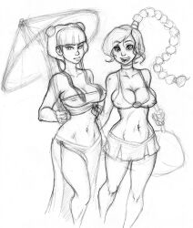 2girls avatar_the_last_airbender bag beach_umbrella big_breasts black_and_white braided_ponytail breasts cleavage double_bun female female_focus female_only goth goth_girl gothic hairbun hairbuns hips large_breasts leggings long_hair looking_at_viewer mai_(avatar) nipples ponytail prophet sidelocks sketch skirt swimsuit thighs ty_lee umbrella