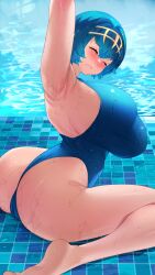 1girls 2023 alternate_breast_size big_breasts blue_hair curvaceous curvy_body curvy_figure eyes_closed female female_only hi_res high_resolution huge_breasts human lana_(pokemon) looking_at_viewer nintendo pokemon pokemon_(anime) short_hair solo sumisumii swimming_pool swimsuit voluptuous voluptuous_female