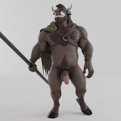 3d_(artwork) absurd_res anthro balls big_penis bovid bovine brown_body brown_fur buru_(buruthebull) buruthebull digital_media_(artwork) foreskin fur genitals hi_res horn humanoid_genitalia humanoid_penis male mammal muscular muscular_male nude penis tail