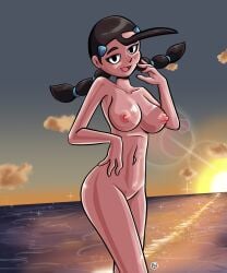 beach big_breasts candice_(pokemon) female female_only nanus2 nintendo nipples pokemon sunset