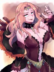 1girls bare_shoulders black_nails blue_eyes breasts center_opening circlet cleavage collarbone cornelia_arnim cowboy_shot detached_sleeves dress feather_trim feathers female female_only fingernails fire_emblem fire_emblem:_three_houses forehead_jewel fur_cuffs gorget hand_up highres huge_breasts jewelry key_necklace long_hair looking_at_viewer mature_female nail_polish navel necklace nintendo pink_hair plunging_neckline same_buncho simple_background smile smug solo