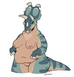 3_fingers albertaceratops anthro belly big_belly blue_body blue_eyes breasts ceratopsian digital_media_(artwork) dinosaur dromaeosaurid facial_piercing female fingers genitals hi_res horizontal_pupils horn navel nipples nose_piercing nose_ring nude ornithischian overweight piercing punkinbuu pupils pussy reptile ring_piercing scalie septum_piercing septum_ring simple_background solo spikes spikes_(anatomy) tail tallie_(punkinbuu) tan_body theropod