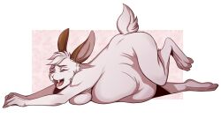anthro ass belly breast_squish breasts brown_ears bulge cinnamon_(bunwithmemes) closed_eyes colored dialogue digital_media_(artwork) endosoma fangs female fully_inside fur head_tuft heart hi_res humping_belly lagomorph leporid looking_pleasured lying mammal misterpolkovnik nude on_front onomatopoeia pattern_background rabbit raised_leg scut_tail short_tail simple_background smile solo sound_effects squish tail teeth text tongue tuft vampire vore white_body white_fur