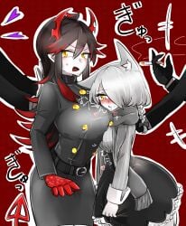 2girls animal_ears blush breasts breasts_on_face clothed demon demon_girl demon_horns demon_tail female female_only funamusea ice_scream ivlin ivlis kitsunemimi large_breasts mu_(isude) rule_63 scarf shirogane_(funamusea) suggestive sweat the_gray_garden yuri