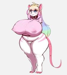 absurd_res anthro big_breasts bottomless breasts clothed clothing female genitals hi_res huge_breasts mammal mouse murid murine nipple_outline patricia_(plankboy) plankboy pussy rodent solo thick_thighs wide_hips