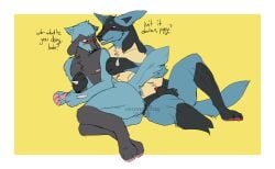 2023 absurd_res animal_genitalia anthro balls blush canid canine chest_tuft cocoach3rry duo embarrassed english_text gay generation_4_pokemon genitals half-erect hi_res lucario male male/male mammal nintendo nude penis pokemon pokemon_(species) pubes riolu sheath shy tail text tuft