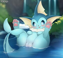 blue_body blue_eyes detailed detailed_background eeveelution female feral fin fish_tail forest forest_background generation_1_pokemon genitals grass hi_res nature nature_background nintendo open_mouth paws plant pokemon pokemon_(species) pose pussy river rock smile solo text tree vaporeon water white_fin yakukage yellow_fins