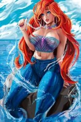 beach big_breasts blue_eyes blue_sky chelsea_(ruby_gillman) colored_nails crop_top dantedraw fluids human human_form jeans jewelry legs long_hair luxury mermaid ocean pants png red_hair red_lipstick ruby_gillman,_teenage_kraken sea sunny teenager tongue_out voluptuous voluptuous_female water wet