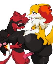 <3_eyes absurd_res ahe_gao ambiguous_penetration animal_genitalia animal_penis anthro balls bikini bikini_bottom bikini_thong black_body blush blush_lines blush_stickers bodily_fluids braixen canine_genitalia canine_penis clothing duo eyelashes fangs female fluffy fluffy_tail generation_4_pokemon generation_6_pokemon genital_fluids genitals heart hi_res looking_pleasured male male/female mammal nintendo pawpads paws penetration penis pokemon pokemon_(species) print_bikini print_clothing print_swimwear red_body red_eyes riolu simple_background spread_legs spreading swimwear tail teeth tongue tongue_out tufted_ears typhlosionboy white_background wings yeedrah yellow_body