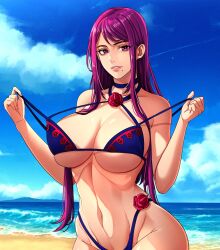 1girls alternate_costume ass bare_shoulders beach bikini bikini_pull blue_bikini blue_sky blue_swimsuit breasts choker cleavage clothes_pull cloud collar commission cowboy_shot cut_bangs day female female female_only fire_emblem fire_emblem_engage flower highleg highleg_bikini highres horizon huge_breasts ivy_(fire_emblem) kerana_art long_hair looking_at_viewer mole mole_under_mouth navel nintendo ocean open_mouth outdoors purple_eyes purple_hair rose sand sky smile solo spiked spiked_collar spikes swimsuit thorn_print undressing water wide_hips