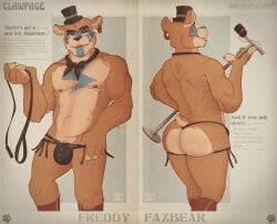 1boy 2022 advertisement anthro ass athletic athletic_anthro athletic_male bear bedroom_eyes big_butt black_bow_tie black_nose blue_eyes bodily_fluids bodypaint bow_tie bulge clothed clothing countershade_butt countershade_face countershade_torso countershading digital_media_(artwork) ear_piercing ear_ring english_text fangs five_nights_at_freddy's five_nights_at_freddy's:_security_breach front_view furry glamrock_freddy_(fnaf) hat headgear headwear hi_res holding_object jockstrap jumpy_jackal leash legwear looking_at_viewer looking_back magazine male male_only mammal markings microphone mostly_nude muscular muscular_male musk narrowed_eyes navel nipples partially_clothed pecs piercing pinup pose rear_view ring_piercing scottgames scut_tail seductive short_tail smile smiling_at_viewer solo steel_wool_studios sweat tail tassles teeth text thumb_in_waistband top_hat topwear underwear undressing vintage_pinup