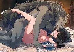 1boy 1girls anthro anthro_on_human anthro_penetrating anthro_penetrating_human areolae bed black_fur black_hair blaidd_(elden_ring) blue_eyes blush breasts canid canine elden_ring fangs female female_human female_human/male_anthro fur furry hi_res human human_on_anthro human_penetrated indoors interspecies kinkymation large_breasts licking long_hair male male_anthro nipples nude nude_female on_bed one_eye_closed open_mouth sex sex_on_bed tarnished tarnished_female werewolf wolf