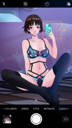 1girls bed bedroom big_breasts bra breasts cellphone cellphone_camera cypher_ink lingerie makoto_niijima megami_tensei panties persona persona_5 selfie solo_female stockings