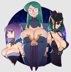 3girls ashai_(galbreak) big_breasts cleavage color female female_only galbreak glasses horns louten magdalena_(galbreak) original_artwork original_character pink_eyes thick wizzy_(galbreak) yellow_eyes