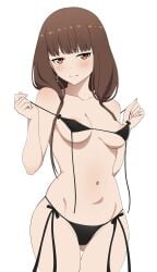 1girls accurate_art_style areola_slip bangs bikini blush brown_eyes brown_hair coro_fae hi_res holding iino_miko kaguya-sama_wa_kokurasetai_~tensai-tachi_no_renai_zunousen~ long_hair looking_at_viewer navel official_style seductive side-tie_bikini side-tie_panties simple_background solo standing swimsuit white_background