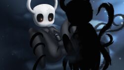 absurd_res animal_humanoid anthro anus arthropod arthropod_humanoid balls big_penis black_body blush cracked cracks duo embarrassed erection genitals glowing glowing_eyes hi_res hollow_knight horn humanoid insects lazyisopod lying male male/male male_only nude on_back penis protagonist_(hollow_knight) shade_(hollow_knight) shadow_creature spread_legs spreading team_cherry tentacle tentacles_around_legs