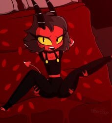 1girls bed bedroom brown_hair demon demon_girl emberbaye female flower_petals hands_behind_head helluva_boss horn horns imp millie_(helluva_boss) mole_under_eye pants petals red_body red_skin rose_petals spread_legs tail topwear yellow_eyes