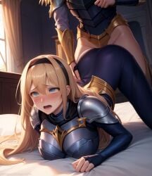 1girls ai_generated areolae back big blonde_hair breasts clothed cum doggy_style erection female hair human in league_of_legends long looking luxanna_crownguard penetration penis pussy style vaginal_penetration