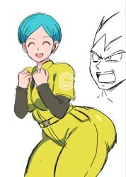 big_ass bulma bulma_briefs bulma_briefs_(dragon_ball_super_superhero) canon_costume dragon_ball dragon_ball_super dragon_ball_super_super_hero female happy happy_face happy_female huge_ass male male_saiyan milf momiji_(artist) saiyan toei_animation vegeta white_background