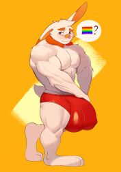 anthro big_bulge bulge clothing doggonut generation_8_pokemon hi_res huge_bulge hyper hyper_bulge lagomorph lgbt_pride male male_only mammal muscular muscular_male nintendo pokemon pokemon_(species) pride_colors question_mark questioning rainbow_pride_colors scorbunny solo thisishomo underwear