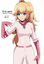 1girls 5_fingers blonde_hair bodysuit broken_english cameltoe closed_mouth clothed clothing crown eyes female female_focus female_only hair happy human jpeg mario_(series) mario_kart navel_line open_eyes pink_bodysuit pink_clothing princess_peach removing_clothing smile solo standing striped