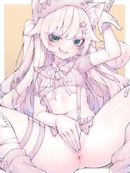 animal_ear_fluff animal_ears breasts brown_background commentary_request copyright_request female highres kupa_(jesterwii) long_hair looking_at_viewer medium_breasts monochrome sitting solo spread_legs standing two-tone_background virtual_youtuber white_background