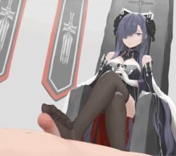 1boy 1girls animated august_von_parseval_(azur_lane) azur_lane black_stockings censored clothed_female_nude_male foot_fetish footjob gloves hair_over_one_eye horns iron_blood_(azur_lane) light-skinned_female light-skinned_male light_skin looking_at_penis mosaic_censoring sajiwonageru sitting_on_throne small_penis stockings throne white_gloves