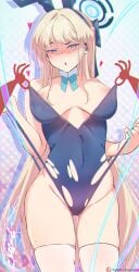 absurdres animal_ears bikini blonde_hair blue_archive blue_eyes blue_ribbon earpiece female halo highres housou-kun long_hair open_mouth playboy_bunny pov pov_hands rabbit_ears ribbon solo swimsuit thighhighs toki_(blue_archive) toki_(bunny)_(blue_archive) torn_clothes white_thighhighs