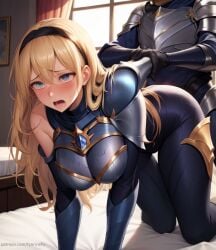 1girls ai_generated areolae back big blonde_hair breasts clothed cum doggy_style erection female hair human in league_of_legends long looking luxanna_crownguard penetration penis pussy style vaginal_penetration