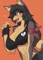 1girls absurd_res anthro big_breasts biped black_hair breasts brown_body brown_eyes buta99 canid canine canis cleavage clothed clothing dog_ears dog_girl domestic_dog fangs female female_only gloves gum_dung_(titania) hair handwear looking_at_viewer mammal navel open_mouth orange_background pawpads puppy_girl simple_background smiling smiling_at_viewer solo teeth