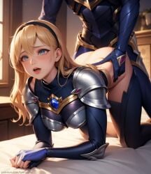 1girls ai_generated areolae back big blonde_hair breasts clothed clothing cum doggy_style duo erection female hair human in league_of_legends light light-skinned long luxanna_crownguard patreon_username penetration penis pussy skin style tyarinsfw vaginal_penetration view