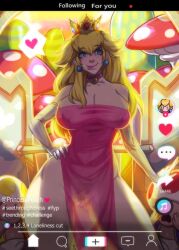 1girls :p armwear big_breasts blonde_hair blue_eyes camera_view crown detailed_background dress earrings english_text female hand_on_hip long_hair looking_at_viewer mario_(series) nintendo nipples_visible_through_clothing princess_peach pubic_hair pussy pussy_visible_through_clothes see-through see-through_clothing smiling smiling_at_viewer super_mario_bros. text thick_thighs tiktok toad_(mario) turtlechan very_high_resolution wide_hips