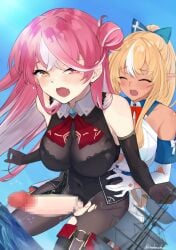 2futas ascot big_penis blonde_hair blush bow breasts censored cleavage clothed clothing dark_skin detached_sleeves duo dutch_angle elbow_gloves erection futa_giantess futa_on_futa futa_only futa_sans_balls futa_with_futa futanari giant giant_couple giantess gloves hair_bun hairbow heterochromia highres hololive houshou_marine human inaba_oden light-skinned_futanari light_skin long_hair mosaic_censoring mostly_clothed multicolored_hair multiple_futa ocean official_alternate_costume official_alternate_hairstyle pantyhose penis pointy_ears ponytail red_ascot red_eyes red_hair see-through_cleavage sex sex_from_behind ship shiranui_flare sky thighhighs thighs twitter_username two-tone_hair virtual_youtuber watercraft white_hair yellow_eyes