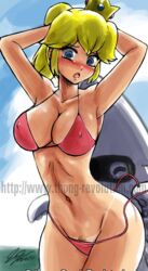 1girls alternate_breast_size armpits arms_up bikini bikini_malfunction blonde_hair blooper blue_eyes breasts crown erect_nipples female john_joseco mario_(series) nintendo princess_peach pubic_hair sexy_armpits tanline tied_hair wardrobe_malfunction