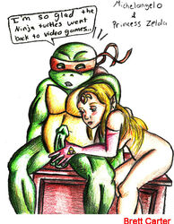 anthro brett_carter crossover elf english_text female front_view green_skin interspecies male michelangelo mostly_nude nintendo ocarina_of_time pale_skin penis princess_zelda sitting straight tagme teenage_mutant_ninja_turtles the_legend_of_zelda turtle zelda_(ocarina_of_time)