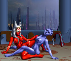 2girls alien alien_girl arm_support asari black_sclera blue_skin breast_grab breasts catthouse_studios city coruscant crossover female female/female female_only interspecies jedi jedi_temple lactation mass_effect multiple_girls no_humans on_floor oni_(artist) open_mouth red_skin shaak_ti star_wars sweat tevos togruta tribadism yuri