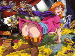 1girls all_fours cloak dress dungeons_and_dragons dungeons_and_dragons_(cartoon) green_eyes joehentai minidress no_panties pussy sheila_the_thief tagme thigh_boots treasure