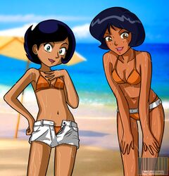 2girls alex_(totally_spies) artist_request beach bikini crossover dark-skinned_female dark_skin female female_only megan_(the_amazing_spiez) multiple_girls png swimsuit tf1 the_amazing_spiez! totally_spies wet wet_skin