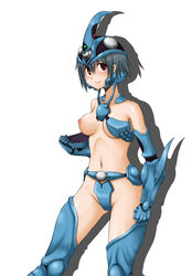 armor beige_skin blush breasts closed_mouth color female female_only guyver hair helmet looking_at_viewer navel nipples open_eyes red_eyes rule_63 sho_fukumachi short_hair solo standing white_background