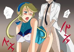 blonde_hair blue_eyes blush cheerleader clothing dress dress_lift dubious_consent female from_behind heroman lina_davis long_hair male open_mouth penetration professor_matthew_denton sex spread_legs tears wince