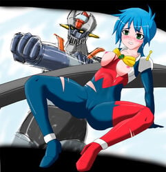 1girls allenby_beardsley blue_hair bodysuit breasts cameltoe curvaceous female g_gundam gundam human large_breasts light-skinned_female light_skin mazinger mazinger_z mecha mobile_trace_suit nipples pilot_suit short_hair tagme