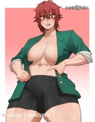 1girls abs aizawa_tomo angry angry_face artist_logo artist_name big_breasts blush female female_only gradient_background huge_breasts kameseru large_breasts no_bra pink_background red_eyes red_hair short_shorts solo tomboy tomo-chan_wa_onna_no_ko white_background