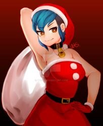 1girls arm_up armpits blue_hair cute_fang female female_only large_breasts medium_breasts payday payday_(series) payday_2 safe santa_costume santa_hat sfw solo sydney_(payday_2) tagme wg-p