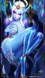 1girls big_breasts blue_skin brown_eyes chaos_and_order_series dawnbringer_soraka earrings groping hair_ornament league_of_legends long_hair looking_away merellyne nipples partially_clothed pointy_ears sitting solo soraka thick_thighs white_hair