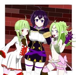 3girls ahoge bangs bare_midriff bare_thighs boots braid breasts dress female female_only fire_emblem fire_emblem_awakening flat_chest garter_straps gloves green_hair large_breasts long_hair long_sleeves looking_at_viewer midriff morgan_(fire_emblem) morgan_(fire_emblem)_(female) mother_and_daughter multiple_girls nah_(fire_emblem) nintendo nowi_(fire_emblem) open_mouth pointy_ears ponytail purple_eyes purple_hair red_eyes short_hair shorts small_breasts smile symbol-shaped_pupils thigh_boots thighs twin_braids waving zouriodai