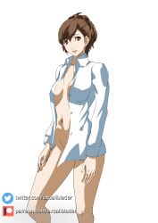 atlus brown_eyes brown_hair excaliblader female female_protagonist_(persona_3) inner_sideboob kotone_shiomi looking_at_viewer megami_tensei minako_arisato navel open_shirt persona persona_3 ponytail shirt_only standing