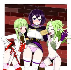 3girls ahoge ass bangs bare_midriff bare_thighs big_ass black_panties blush boots braid breasts closed_eyes clothes_lift dress dress_lift embarrassed female female_only fire_emblem fire_emblem_awakening flat_chest garter_straps gesture gloves green_hair hand_on_own_chest large_breasts lifted_by_self long_hair looking_at_viewer midriff morgan_(fire_emblem) morgan_(fire_emblem)_(female) mother_and_daughter multiple_girls nah_(fire_emblem) nintendo nowi_(fire_emblem) ok_sign open_mouth panties pink_panties pointy_ears ponytail purple_eyes purple_hair red_eyes red_panties short_hair skirt_lift small_breasts smile symbol-shaped_pupils thigh_boots thighhighs thighs twin_braids underwear upskirt wavy_mouth zouriodai