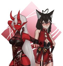 akumi brown_hair momotexx_(vtuber) oni oni_horns red_eyes red_skin virtual_youtuber vyugen white_hair wolf_ears wolf_girl wolf_tail yellow_eyes