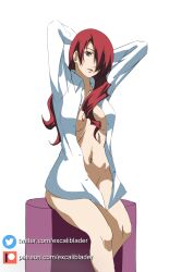 arms_behind_head arms_up atlus brown_eyes excaliblader female female_only hair_over_one_eye inner_sideboob long_hair looking_at_viewer megami_tensei mitsuru_kirijo navel open_shirt persona persona_3 red_hair shirt_only solo solo_female