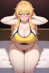 ai_generated blonde_hair female justtlyx on_bed rwby solo tank_top tgame yang_xiao_long yellow_eyes